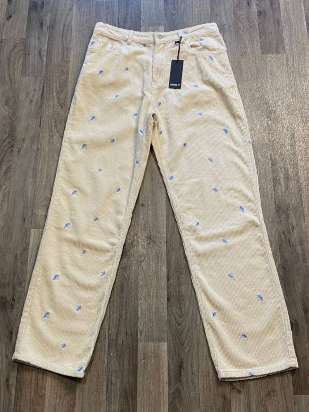 NWT Forever 21 Corduroy Trousers Cream with Blue Embroidered Mushrooms XL